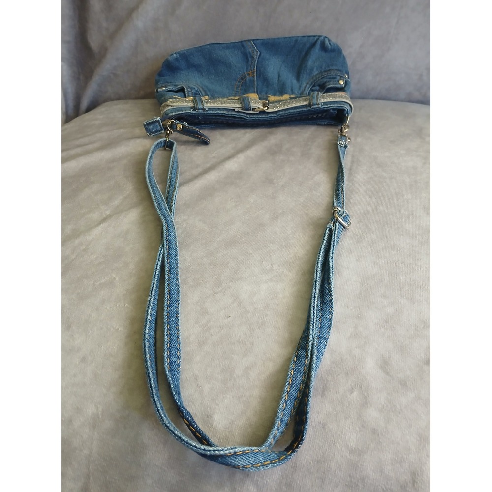 Y2K Denim Pocket Crossbody Bag Blue Jean Purse with Silver Glitter Belt Small - Picture 6 of 8